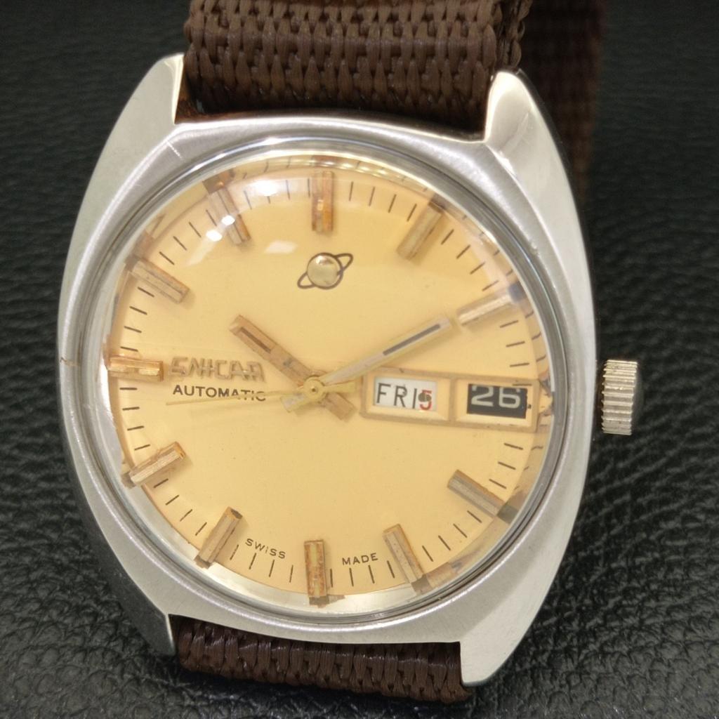 USED SWISS ENICAR AUTOMATIC 167 MENS DAY&DATE BEIGE COLOR DIAL WATCH A432796-2 R113-a432796