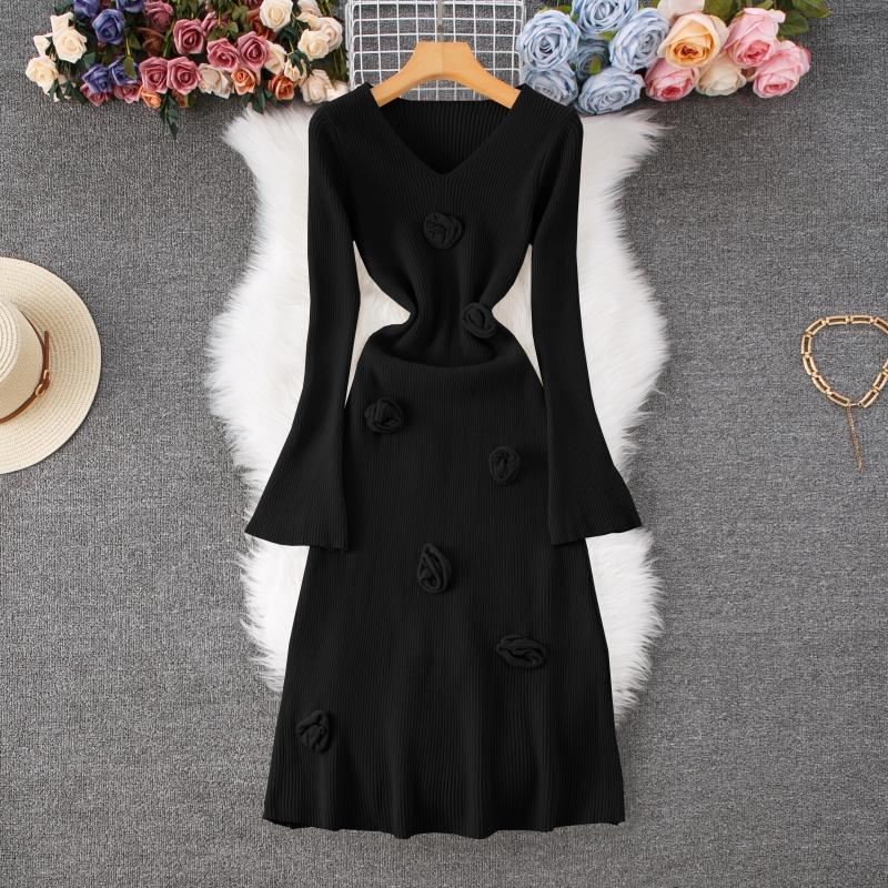Autumn Winter Women Elegant V-neck 3D Flower Knitted Sweater Long Midi A-line Dresses