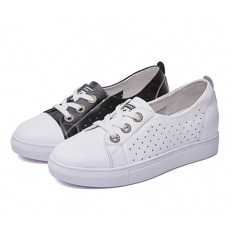 Shallow Mouth White Shoes Women's 2025 Spring and Summer Thin Breathable Lace-up Thick Sole Heightening Leather Surface Low-top Casual Board Shoes
