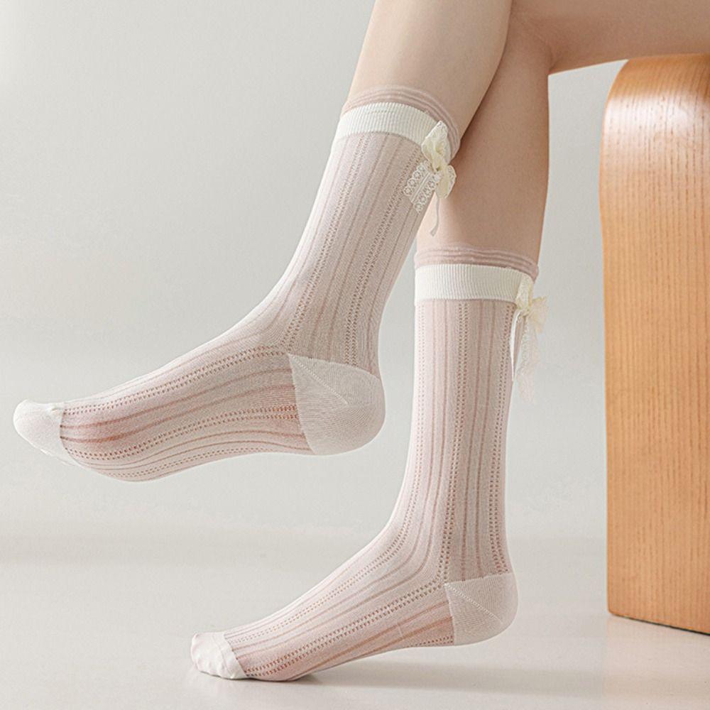 3Pairs Ballet Style Mid Tube Socks Ruffle Sweet Socks Women Cute Mesh Bowknot Socks Girl