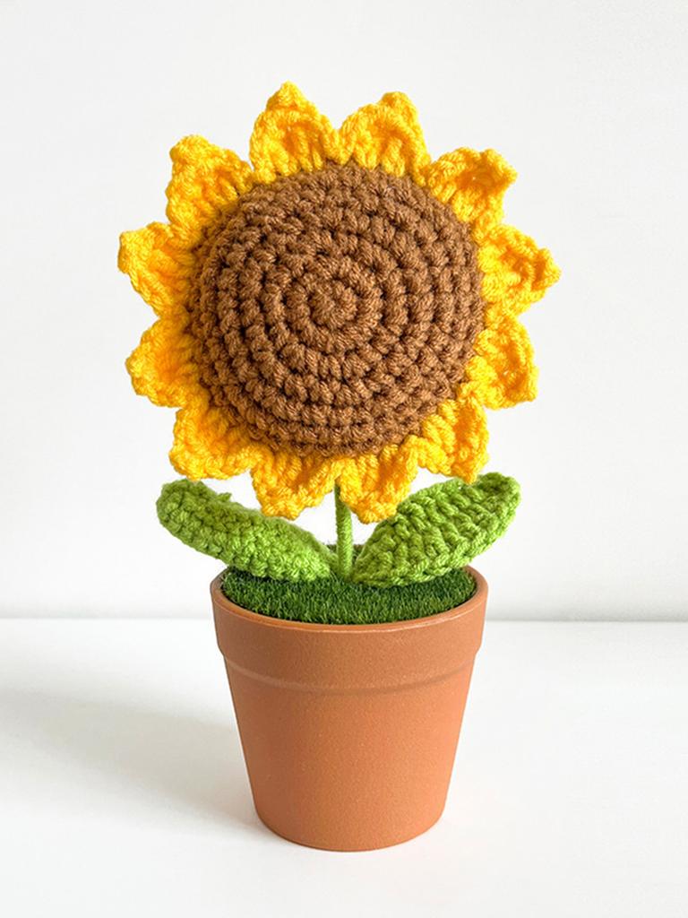 Hand-Knitted Sunflower Wool Flower Pot Plant Ornament Woven Flower Teacher's Day Potted Small Gift Artificial Flower