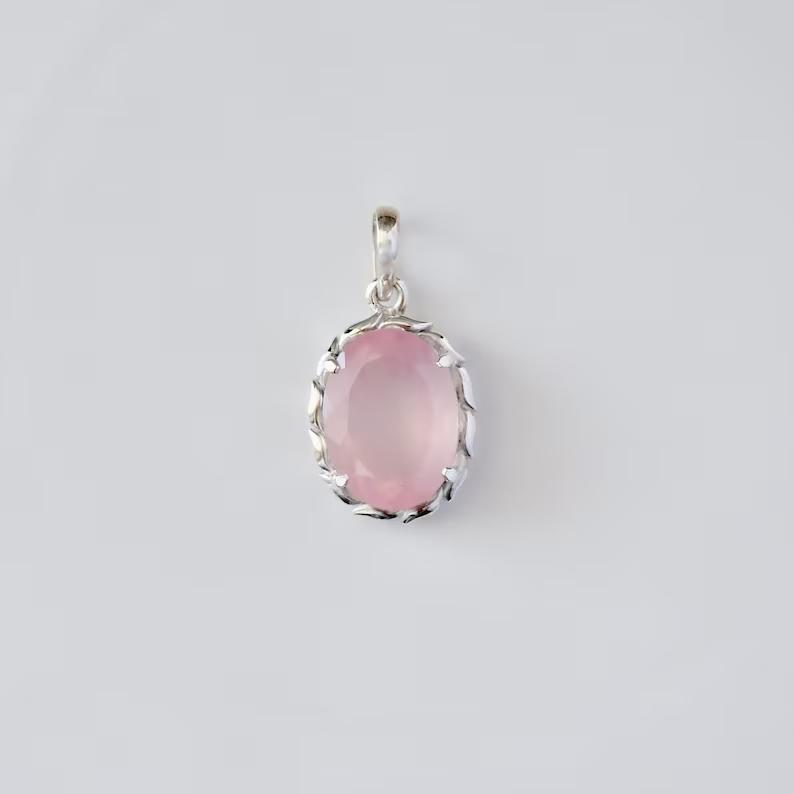 Rose Quartz Pendant, Statement Necklace, 15 Carats, Sterling Silver Pendant