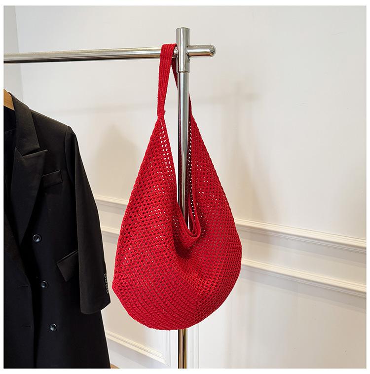 Casual large-capacity cotton thread woven bag, new openwork straw bag, lazy style shoulder bag, vacation beach bag, women's bag