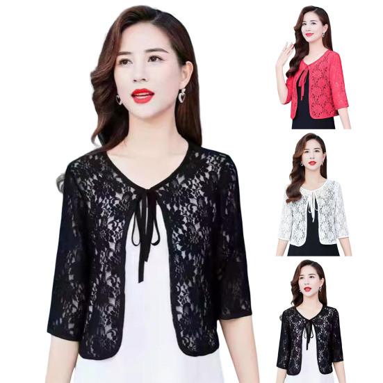 Cappotto da Donna Autunno Primavera Allacciato Ricamo Floreale Tinta Unita Scialle Maniche a Tre Quarti Largo Traforato Pizzo Girocollo Tipo Corto Protezione Solare