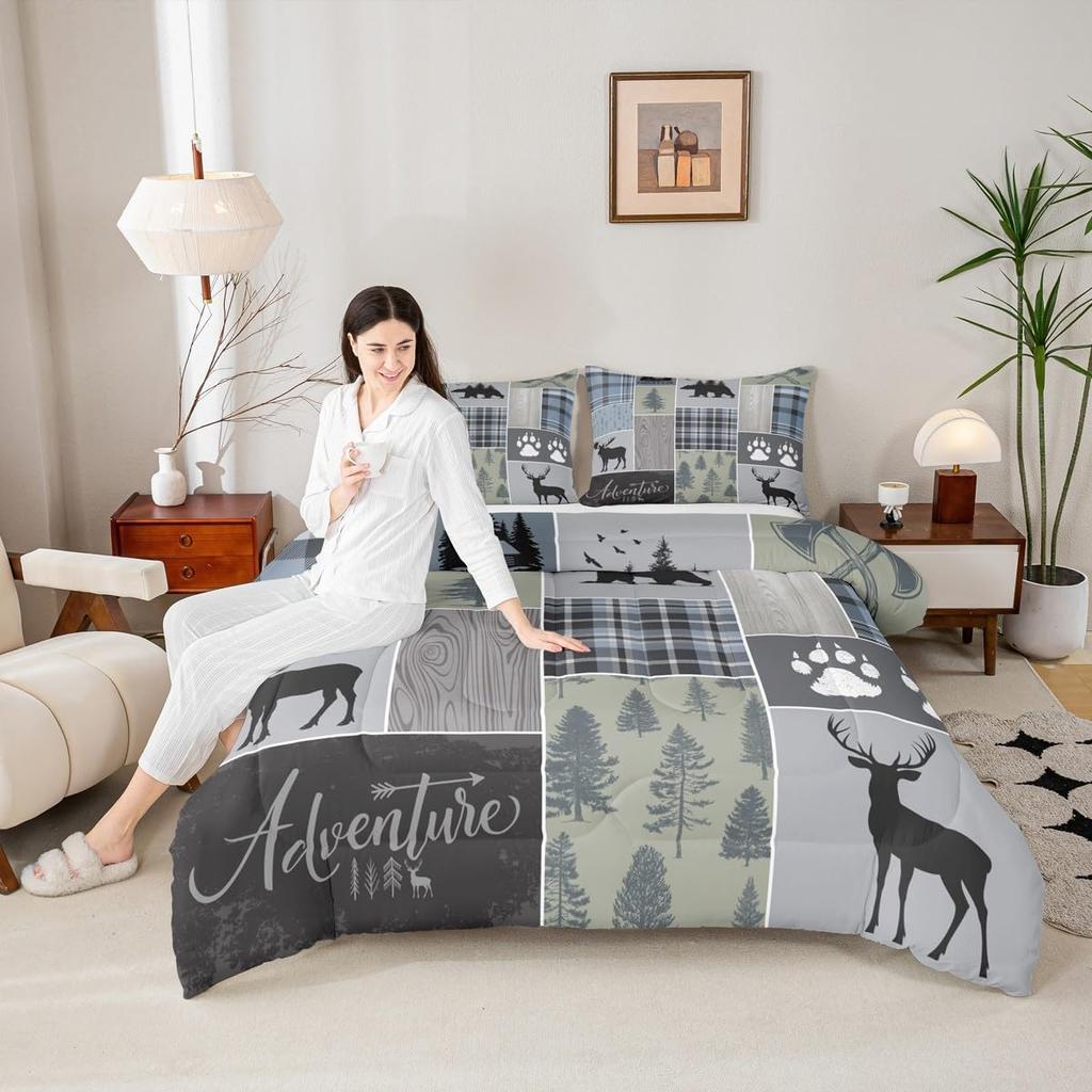 Rustic Patchwork Comforter Set, Checkered Buffalo Plaid Bedding Set For Kids Teens Adult, Woodland Wildlife Bear Moose Elk Pine Trees Patter