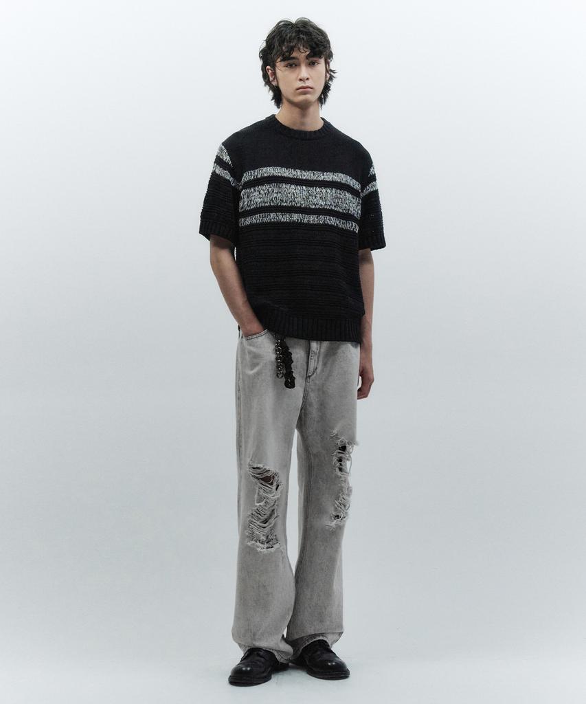 INSILENCE Striped Crew Neck Knit Black