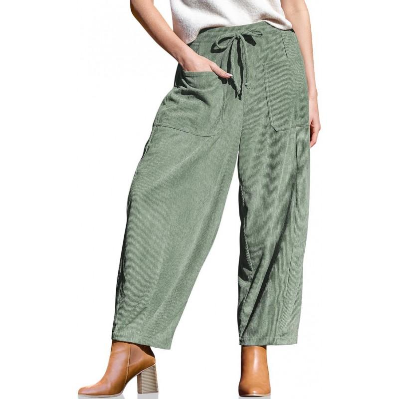 Womens Winter Corduroy Harem Pants Loose Wide Leg Casual Slimming Trousers Mid-Waist 9/10 Length With Drawstring Pocket