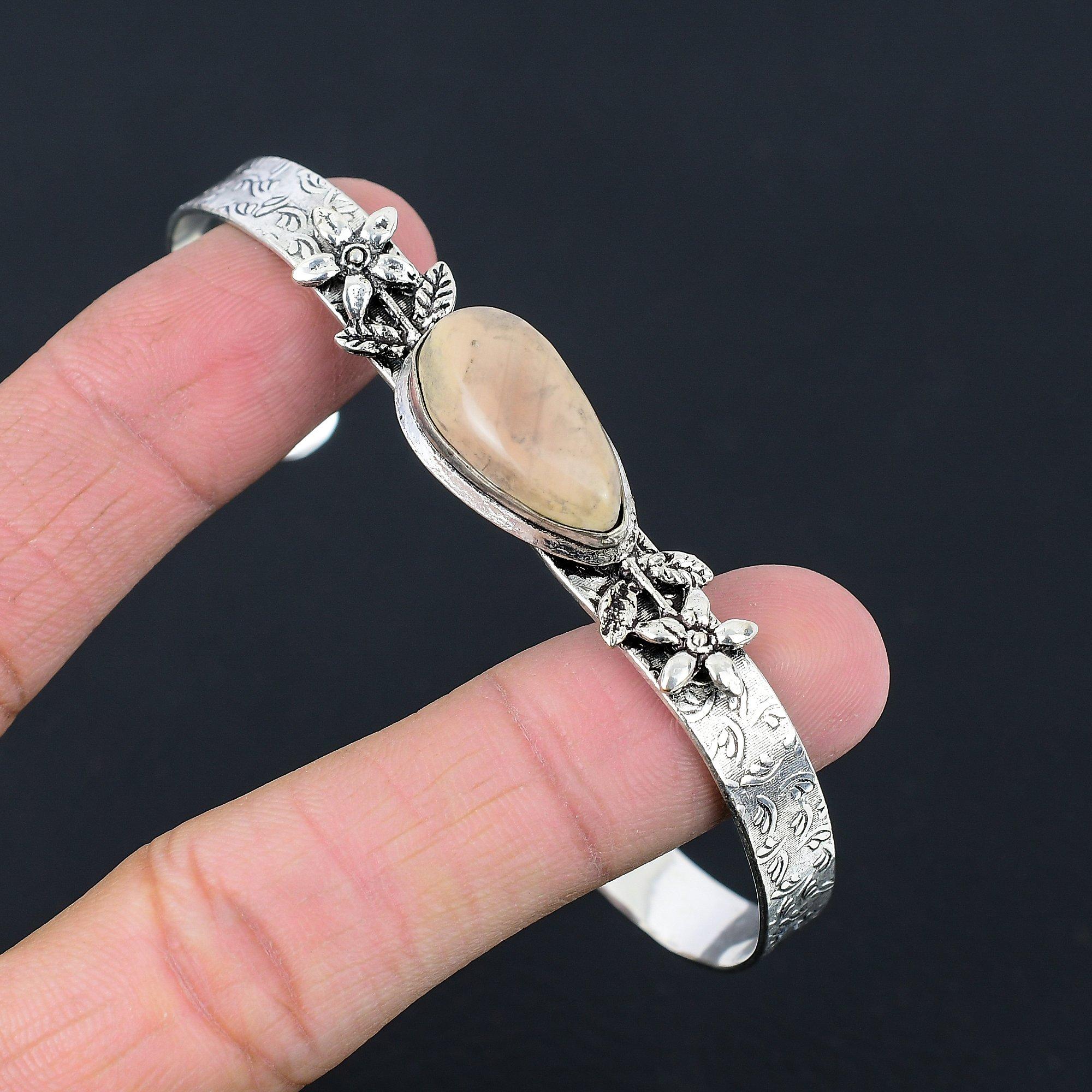 

Sisters Day Deal Natural Imperial Jasper Flower Mother Bangle Sterling Silver Adjustable