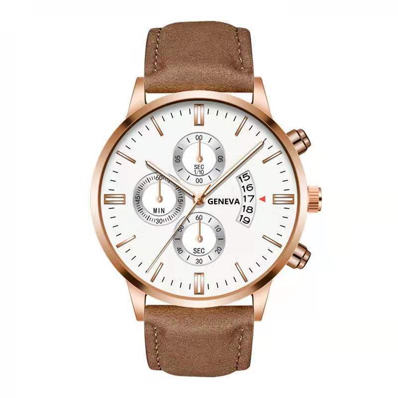 Men'S Fake Three-Eye Belt Calendar Casual Fashion Business Quartz Belt Watch