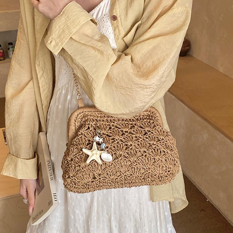 Yogodlns Women Straw Shoulder Bag Chain Strap Woven Crossbody Bags Large Capacity Cloud Clutch Purse Stylish Solid Color Beach Handbags