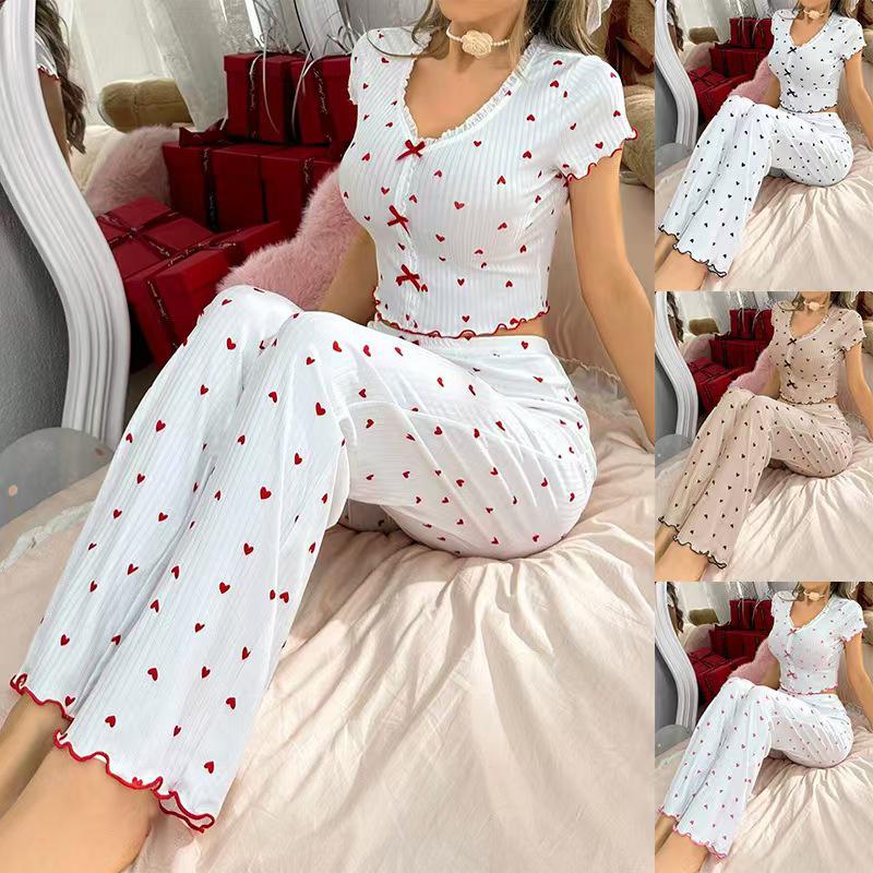 Heart Print Women’s Pajama Set: Stylish European & American Design, Wearable Outdoors, Long Pants, Two-Piece
