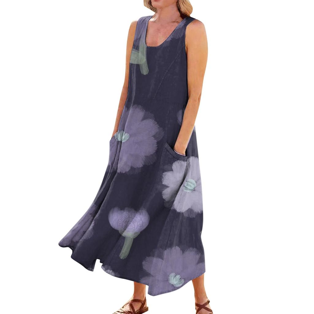 Women's Casual Comfortable Floral Print Sleeveless Cotton Pocket Dress