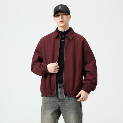 Cotton Heavy Retro Burgundy Jacket Men'S Loose American Denim Jacket Men'S