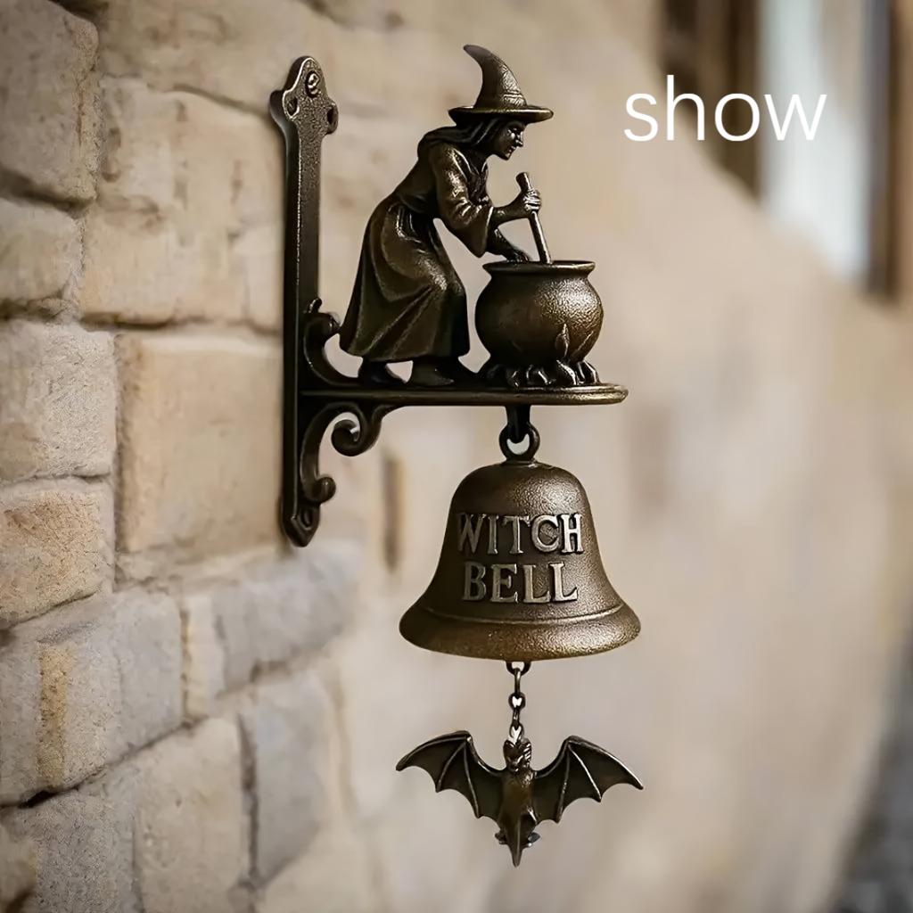 Campanello da Porta Strega in Resina Retrò con Strega a Cavallo di una Scopa, Decorazione da Appendere al Muro per Feste di Halloween, Porta d'Ingresso, Portico, Casa e Decorazione da Parete Interna ed Esterna
