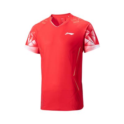 Li Ning Série Compétition Équipe Internationale Sports Loisirs Minimaliste Color Block Manches Courtes T-shirt de Badminton Unisexe Chemises Vermillon AAYV021-4