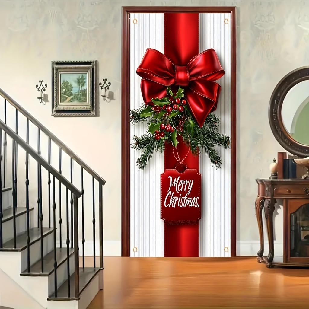 ChristmasDoor Cover Banner 71x35 Inch Red Bow and Holly Decoration for Front Door Holiday Indoor Outdoor Home Decor