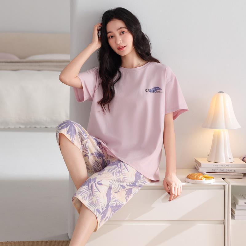 Women's Summer Pajama Set: Thin Modal Cotton Silk, Short Sleeve, Seven-Point Pants, Casual Wear.