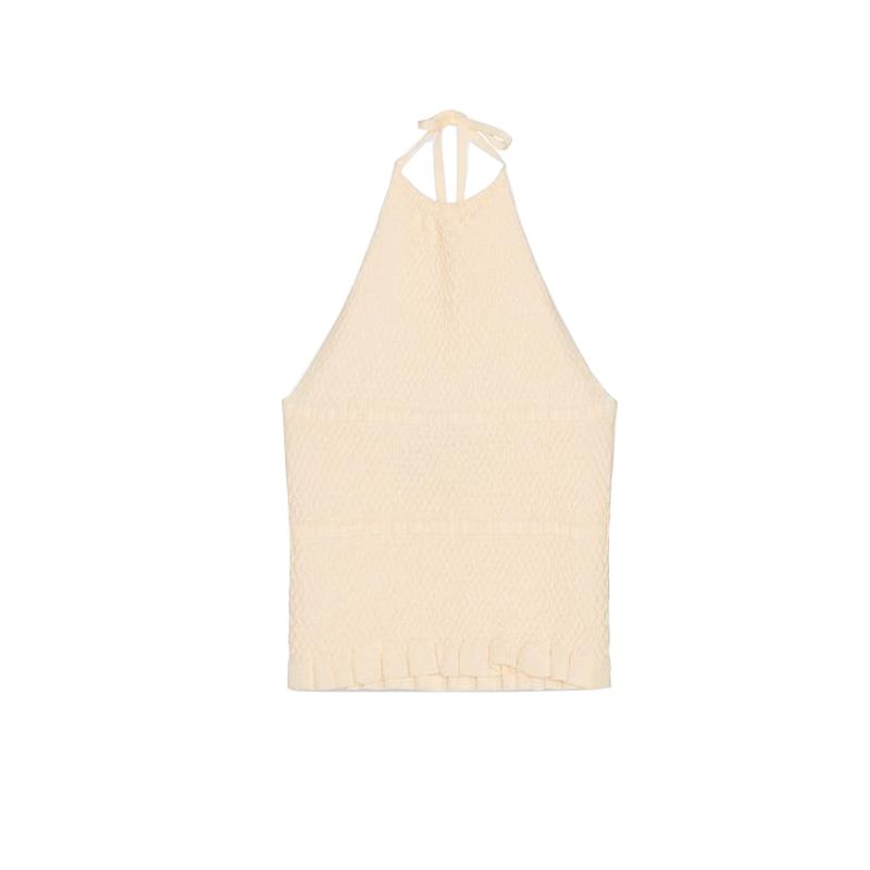 Summer Women clothes Laminated Decoration Backless Knitted Neck Collar Simple Sleeveless Casual Top 2653006
