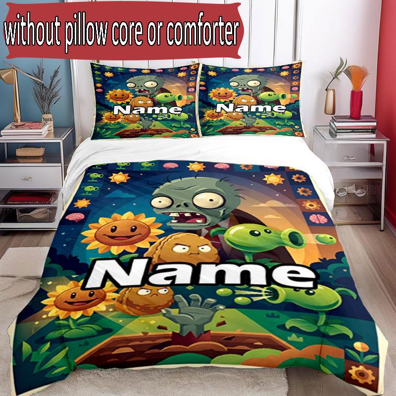 3pcs Duvet Cover Set (1*Duvet Cover + 2*Pillowcase, Without Core), Custom Name Plants Vs. Zombies Pattern Bedding Set, Home Bedroom Decor Gift