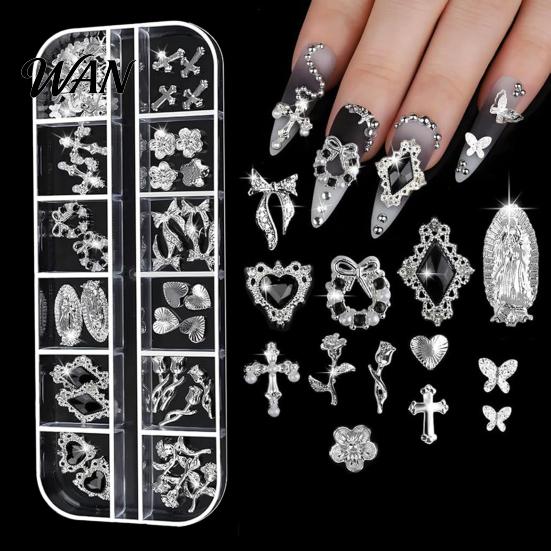 Metal Nail Charms 1 Set 3D Art 12 Grids Love Heart Charm Kit Flower Butterfly DIY Design Crafting Manicure Decoration Accessories Embellishments