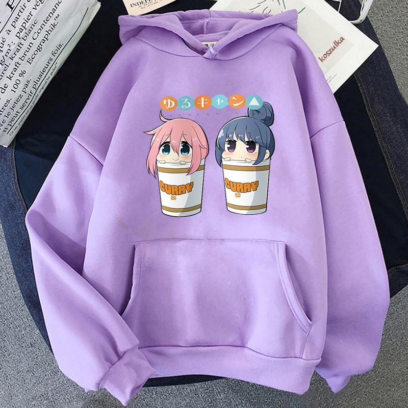 Anime Yuru Geri Kamp Kapşonlu Kazak Harajuku Manga Kawaii Rin Shima Ve Nadeshiko Kagamihara Kış erkek Kapüşonlular Tops