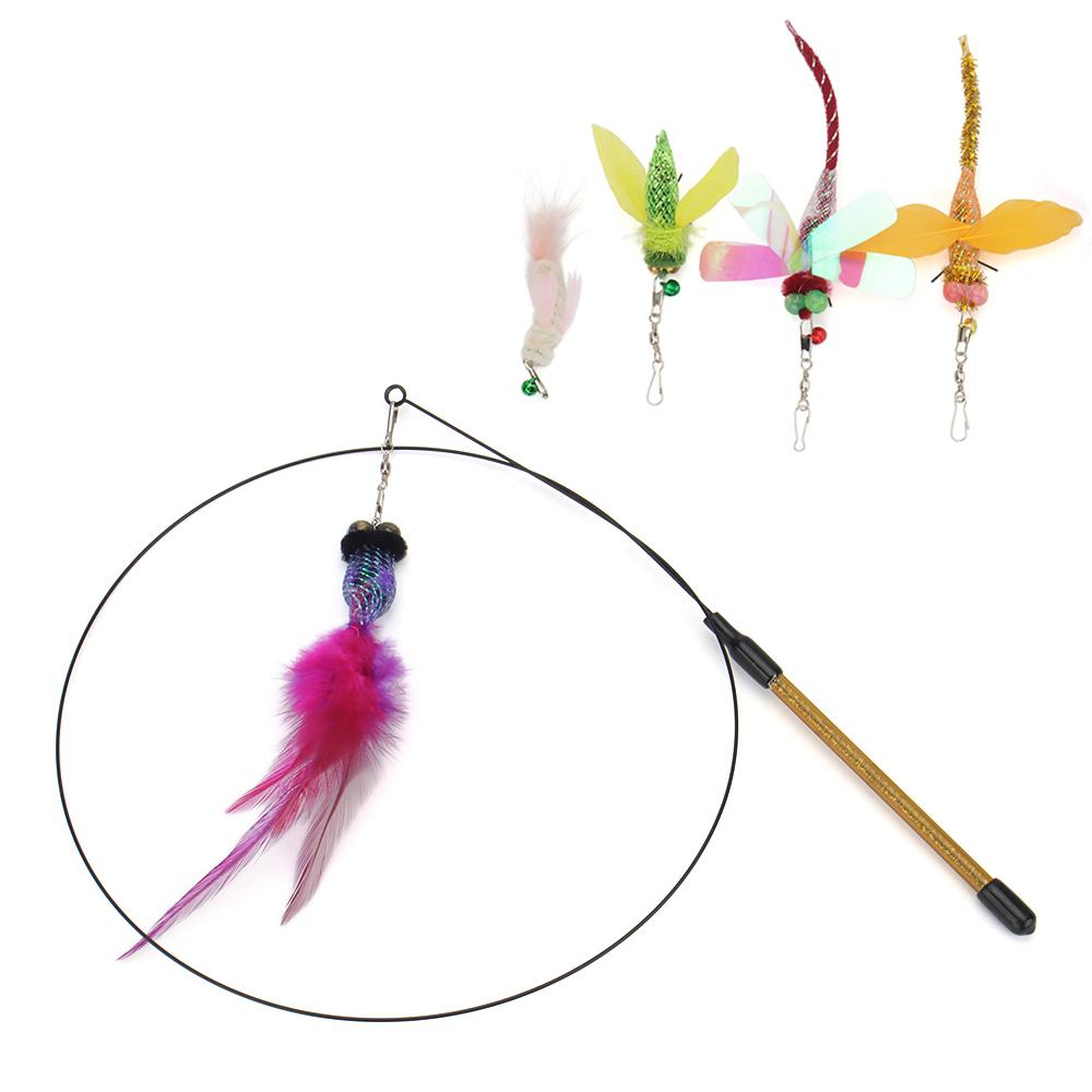 Colorful Simulation Goldfish Insect Cat Teaser Stick Heads Feather Pet Toy