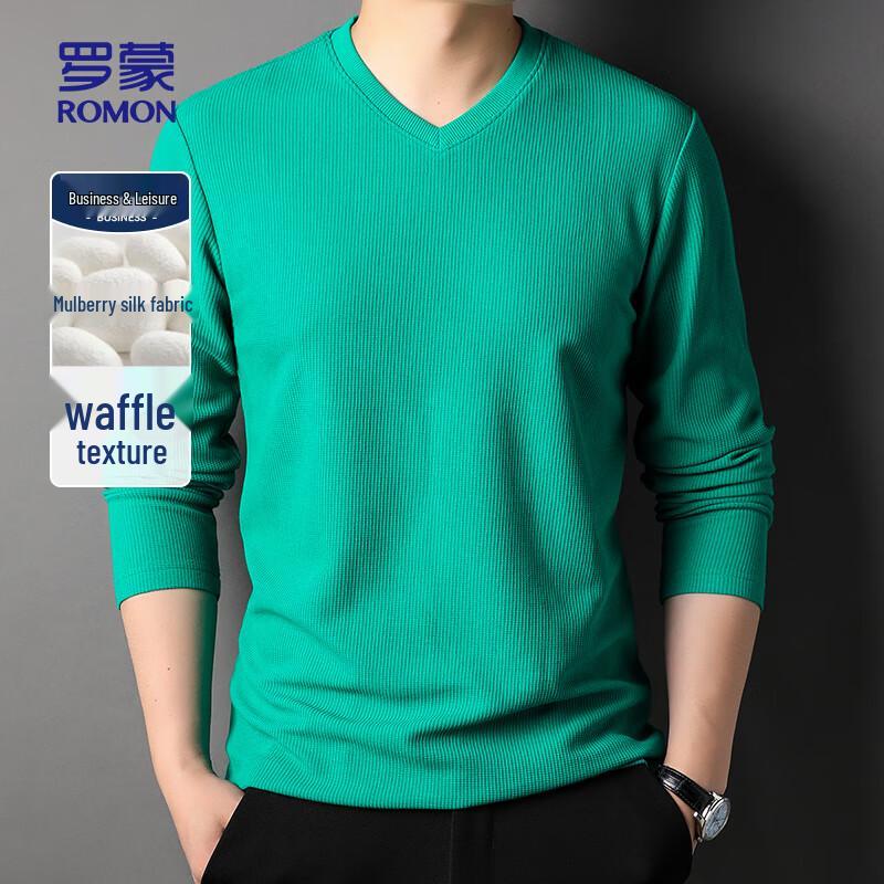ROMON Men s Mulberry Silk Blend Waffle V-Neck Long Sleeve T-Shirt 6002 L (175)