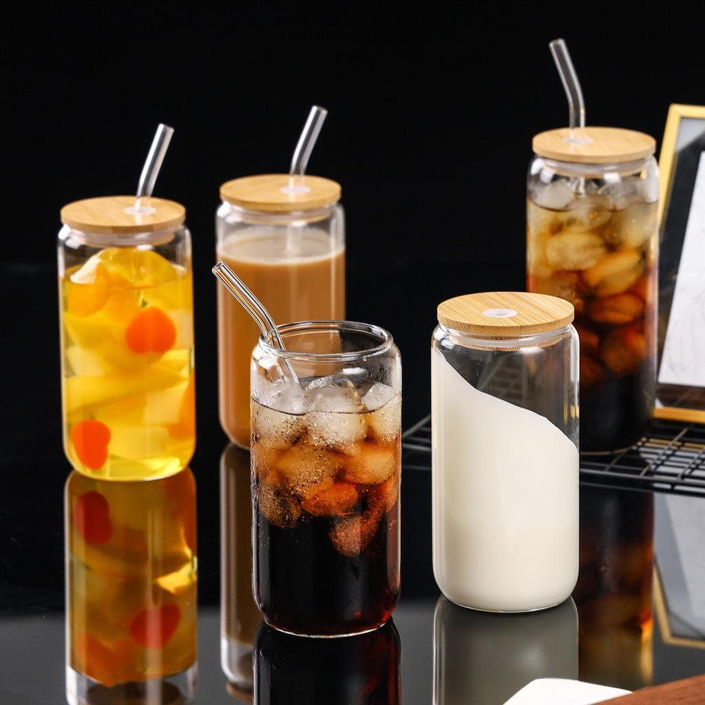 16oz Borosilicate Glass Cup Heat Resistant Cola Cup Beverage Juice Milk Tea Drinking Cup with Bamboo Wooden Lid