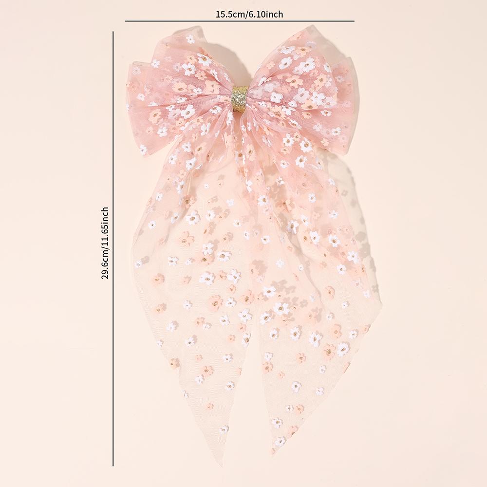 Tulle Large Bow Hair Clip Long Tail Pink Floral Print Elegant Sheer Fabric Hairpin For Women Girl Rustic Accessories Headwear