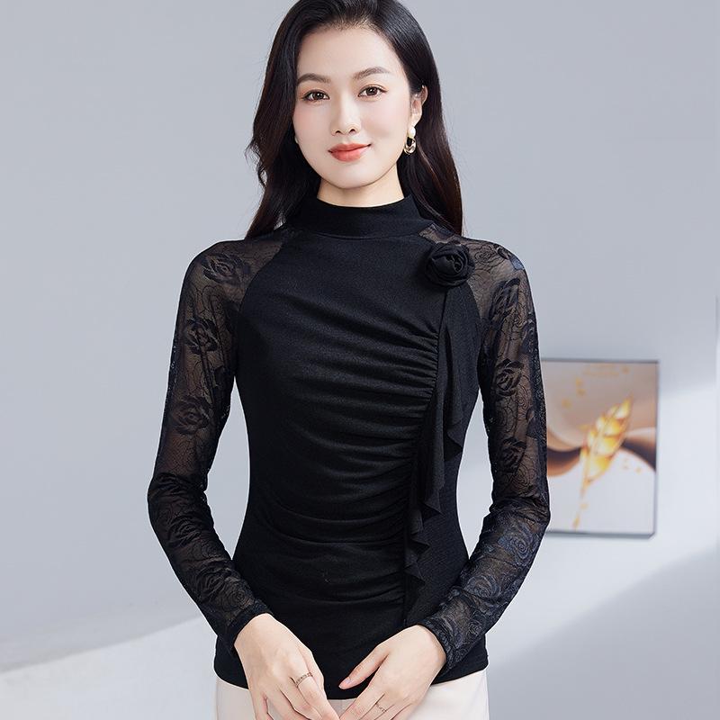 

Autumn Lace Ruffle Patchwork Blouse - Women s Trendy Semi-High Neck Top Medium чёрный