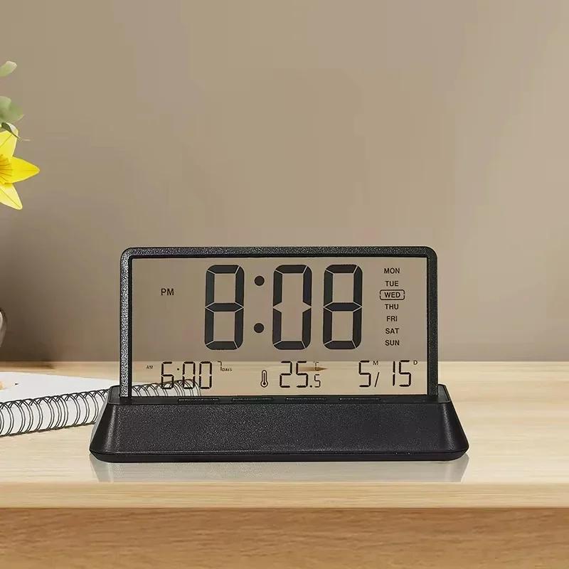 

LED Digital Alarm Clock Transparent Date Week Temperature Display Three Alarms 12/24H Snooze Table Clock Batteries Powered Decor