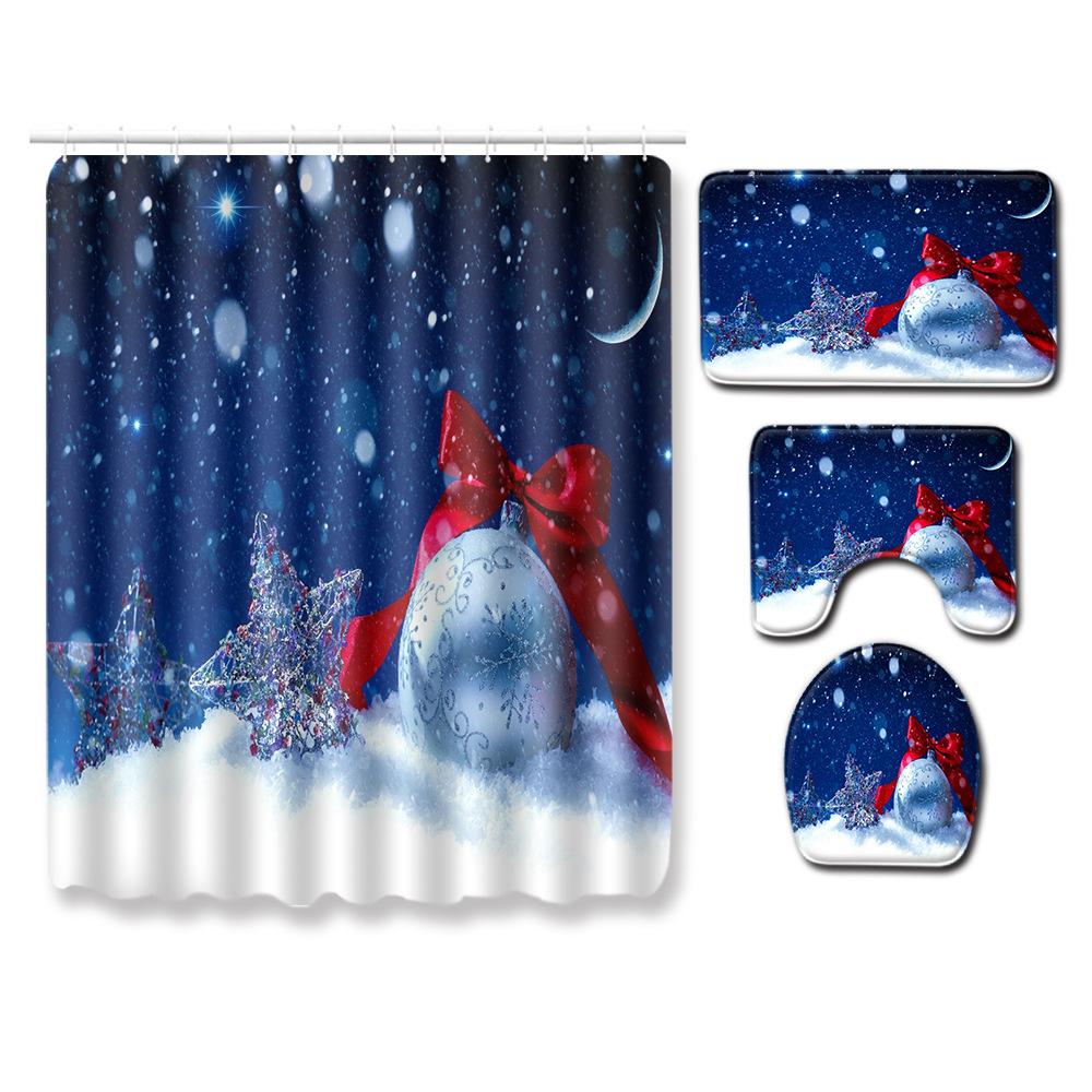 Christmas Elements Bathroom Shower Curtain Floor Mat Toilet Cover Foot Mat Four-Piece Pattern Size