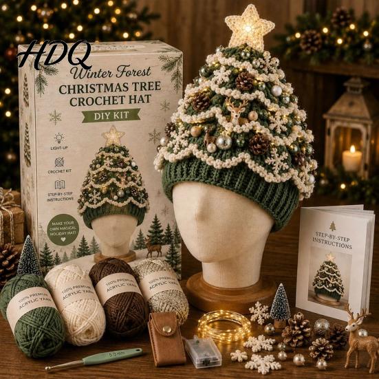 Parent Child Interaction Craft Christmas Tree Crochet Hat DIY Kit Beginner-Friendly Light-Up Kit Complete with Yarn Tools Guide for Holiday