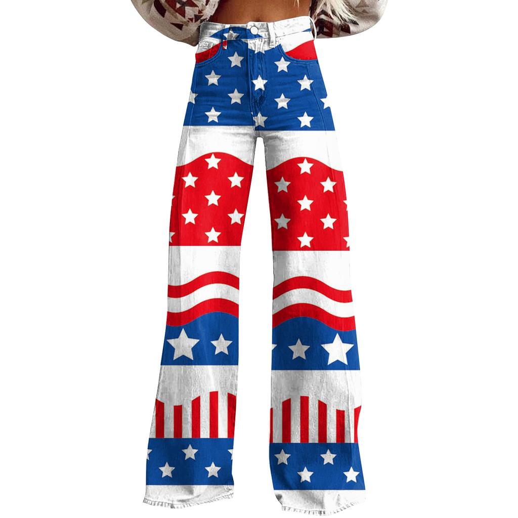 Wide Leg Flare Jeans For Women With Pockets Baggy Pants Vintage Floral Print High Waisted Loose Pant