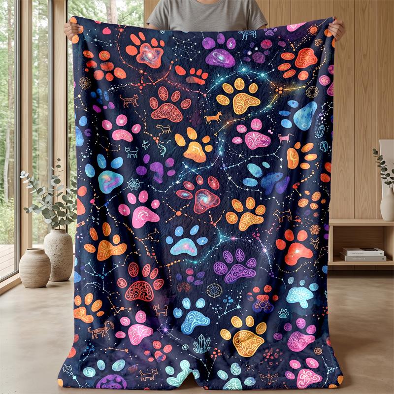 Colorful Paw Prints Pattern Blanket Personalized Name Flannel Blanket Soft Cozy Plush Throw for Sofa Bed Lightweight Home Decor
