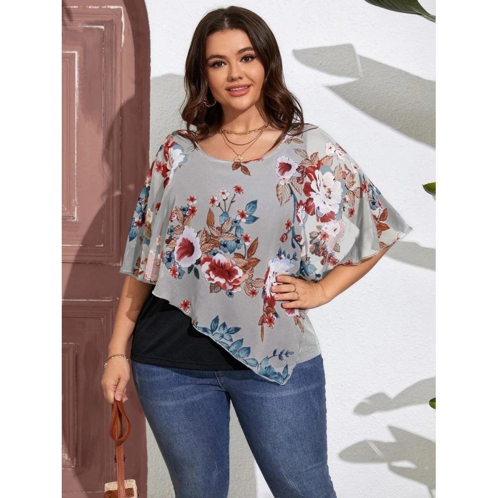 Plus Size Women's Chiffon Shawl Fake Two Piece T-Shirt