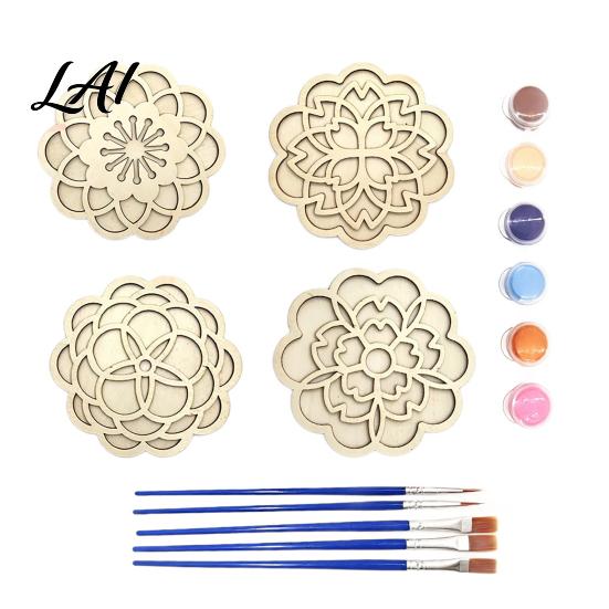 Creative Hobby Sets for Beginners 4 Pcs DIY Wooden Coasters Painting Kit Paint You Own Coaster Craft Kit with Customizable 6 Color Paints And