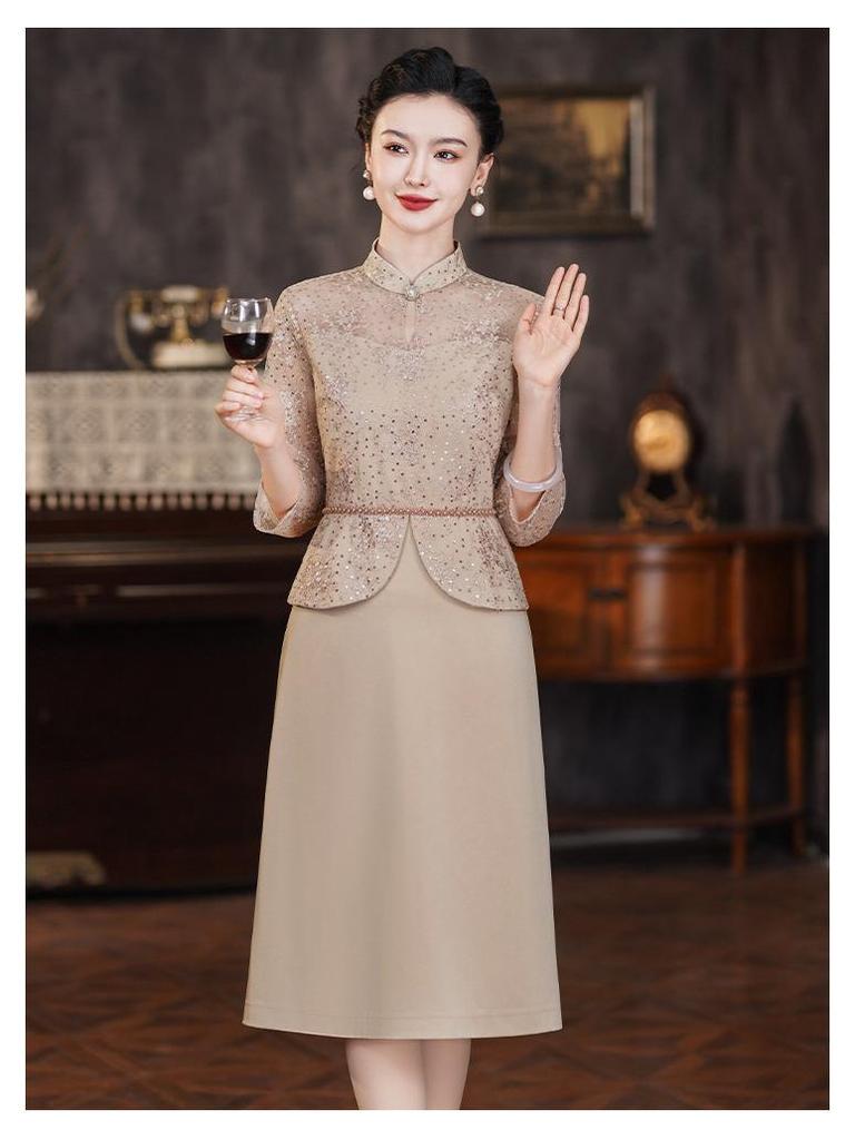 Champagne Qipao Dress - 2024 Spring Collection for Middle-Aged Women