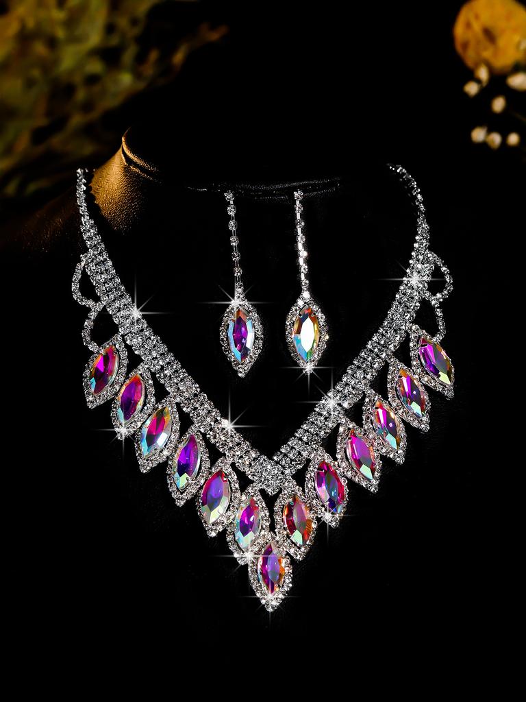 Conjunto de Colar e Brincos de Diamante de Luxo Acessórios para Festa Vestido de Casamento Jantar Corrente de Colar e Brincos de Strass da Moda para Meninas