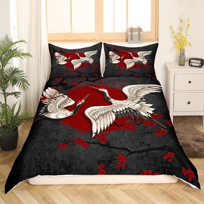 Sakura Branch Crane Retro Three-Piece Quilt Cover 3D Digital Printing Bedding Set Bed Cover