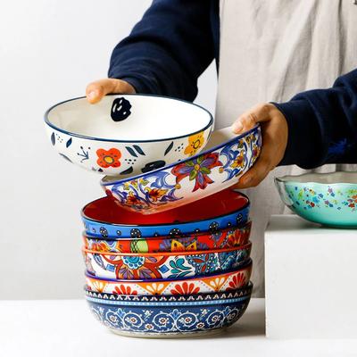 American Salad Plate Hand-painted Round Ceramic Deep Platter Soup Plate Rustic Flower Tableware Ramen Corn Eight-inch Soup Dish