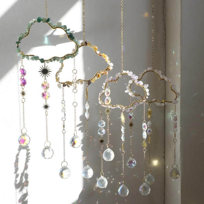 1pcs Natural Stone Cloud Shape Crystal Suncatcher Romantic Home Wall Hanging Decor Metal Chain Crystal Pendant