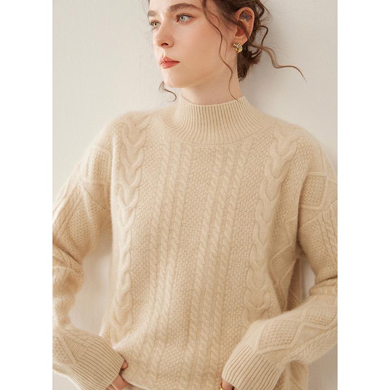 Women's 2025 Cashmere Cable Knit Pullover: Heavyweight, Half-High Collar, Loose, Slimming Sweater.