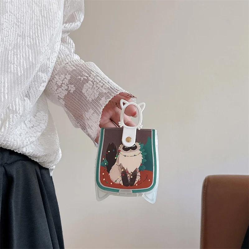 For Samsung Galaxy Z Flip 6 5 4 3 Case ZFlip6 Z Flip6 ZFlip 6 Cute Christmas Cat Pendant Lanyard Cat Ears Shockproof Cover