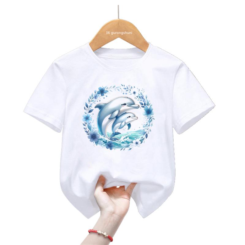 Watercolor Dolphin Love Printed Tshirt Girls/Boys Harajuku Kawaii Kids Clothes Summer Fashion Short Sleeve T-Shirt