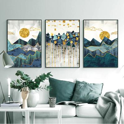 Nordico astratto geometrico paesaggio montano arte della parete tela pittura sole dorato arte poster stampa immagine da parete per soggiorno