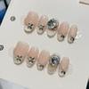 10Pcs French Handmade Press On Nails With Pink Rhinestone Design Artificial False Nail Tips