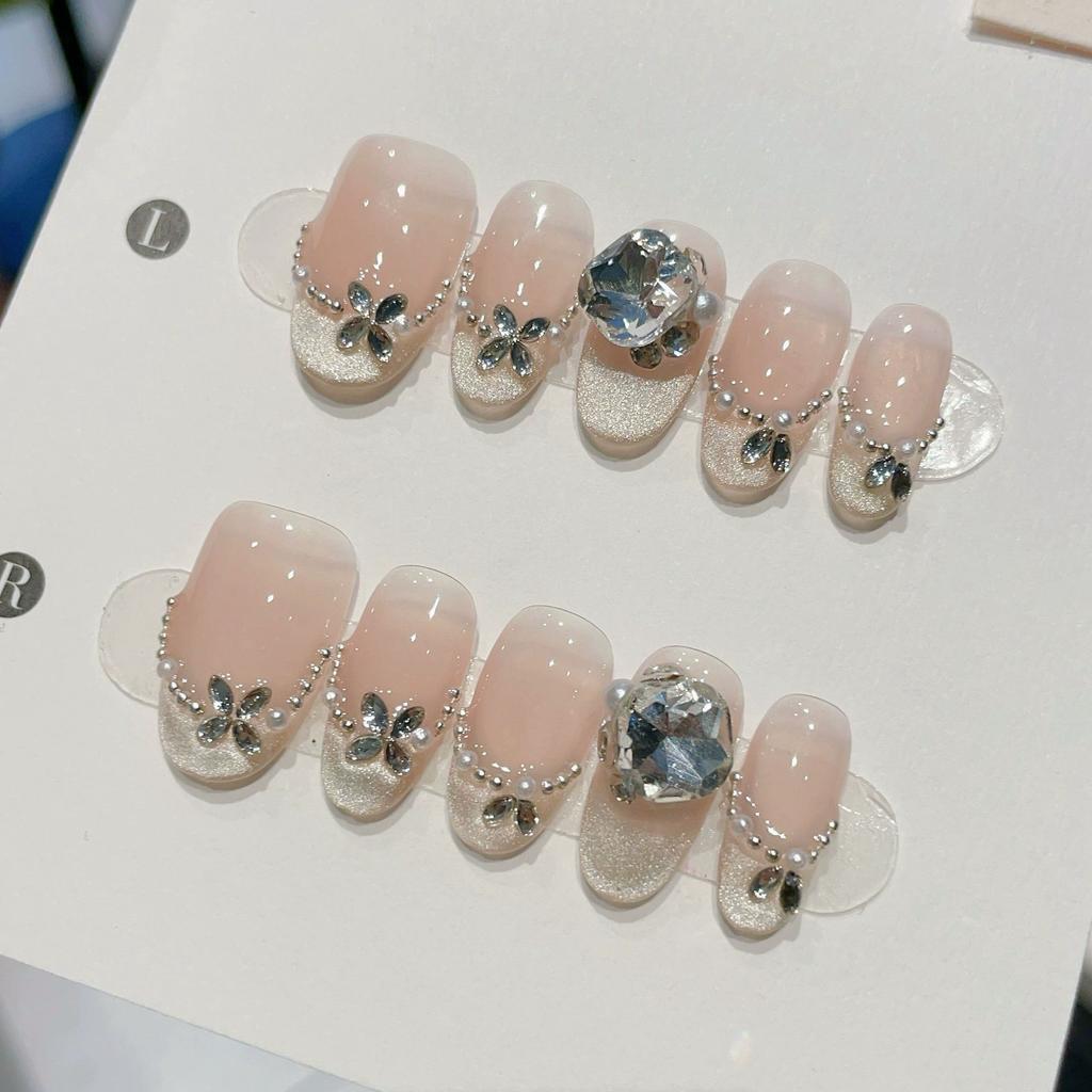 10Pcs French Handmade Press On Nails With Pink Rhinestone Design Artificial False Nail Tips