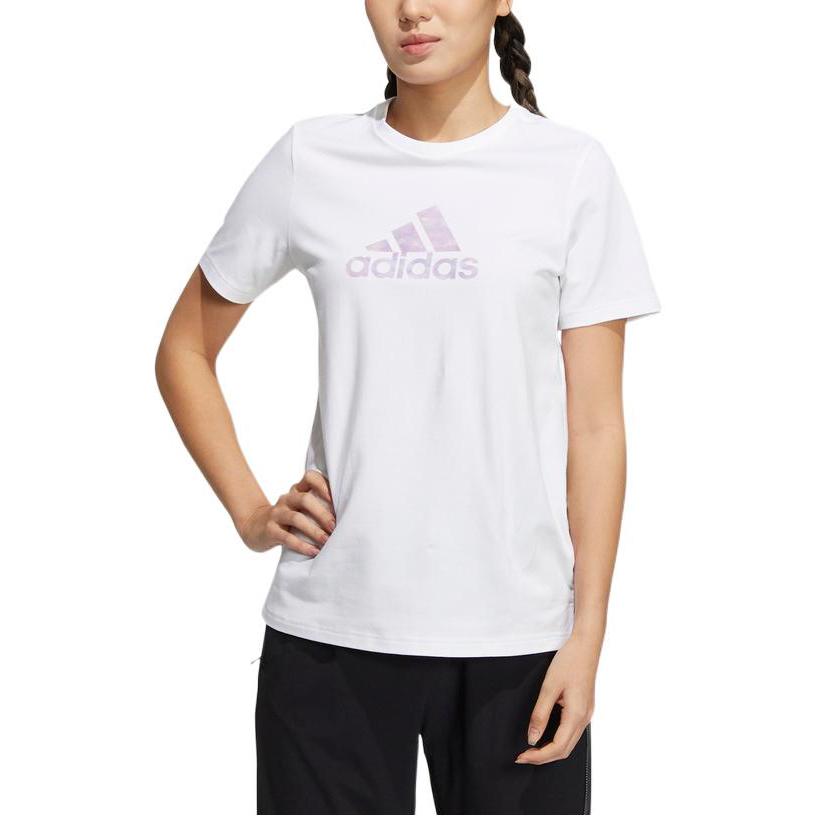 Adidas Printed Logo Cotton Crew Neck T-Shirt Women Tops White HM7045