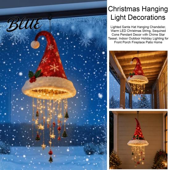 Überdachte Innenveranda Feiertagsdekoration Beleuchteter Weihnachtsmannhut Hängender Kronleuchter Warme LED-Lichterkette Pailletten-Kegel-Anhänger mit Party-Hintergrundbeleuchtung